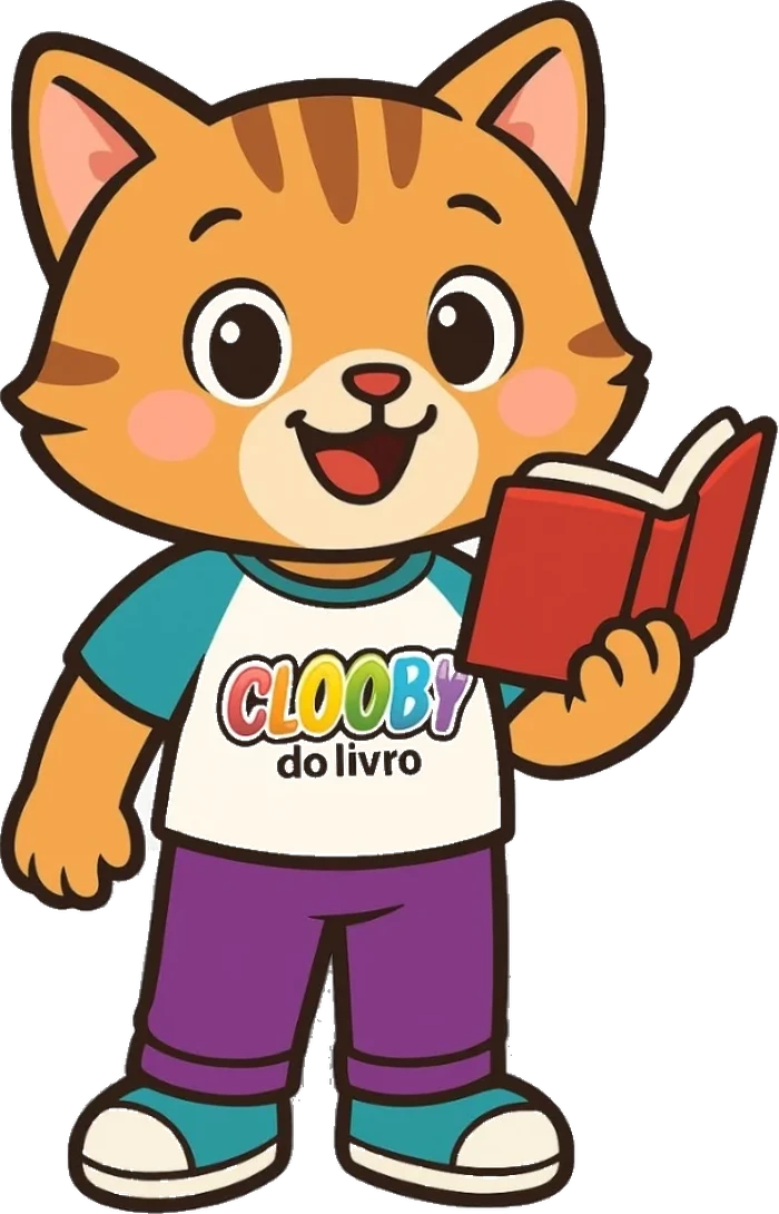 Cloobynho, o gato mascote do Clooby do Livro, segurando um livro